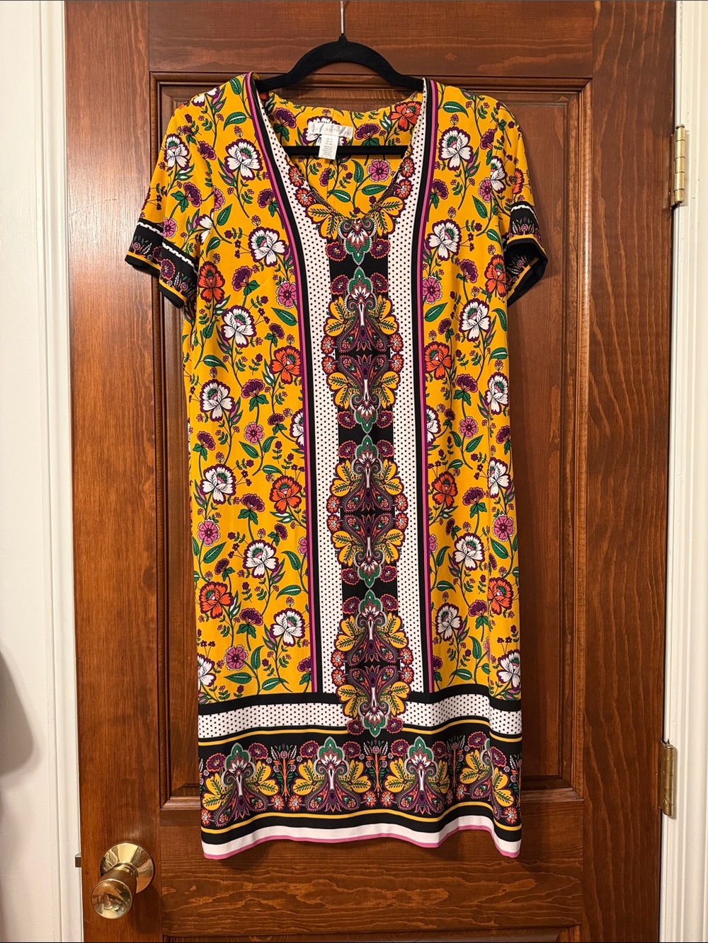 London Times Mustard Yellow Floral Border-Print Dress